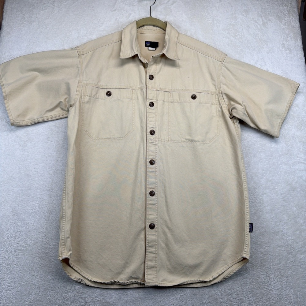 Vintage 90s Patagonia Canvas Shirt Mens M Khaki Macau Cotton Workwear Outdoor
